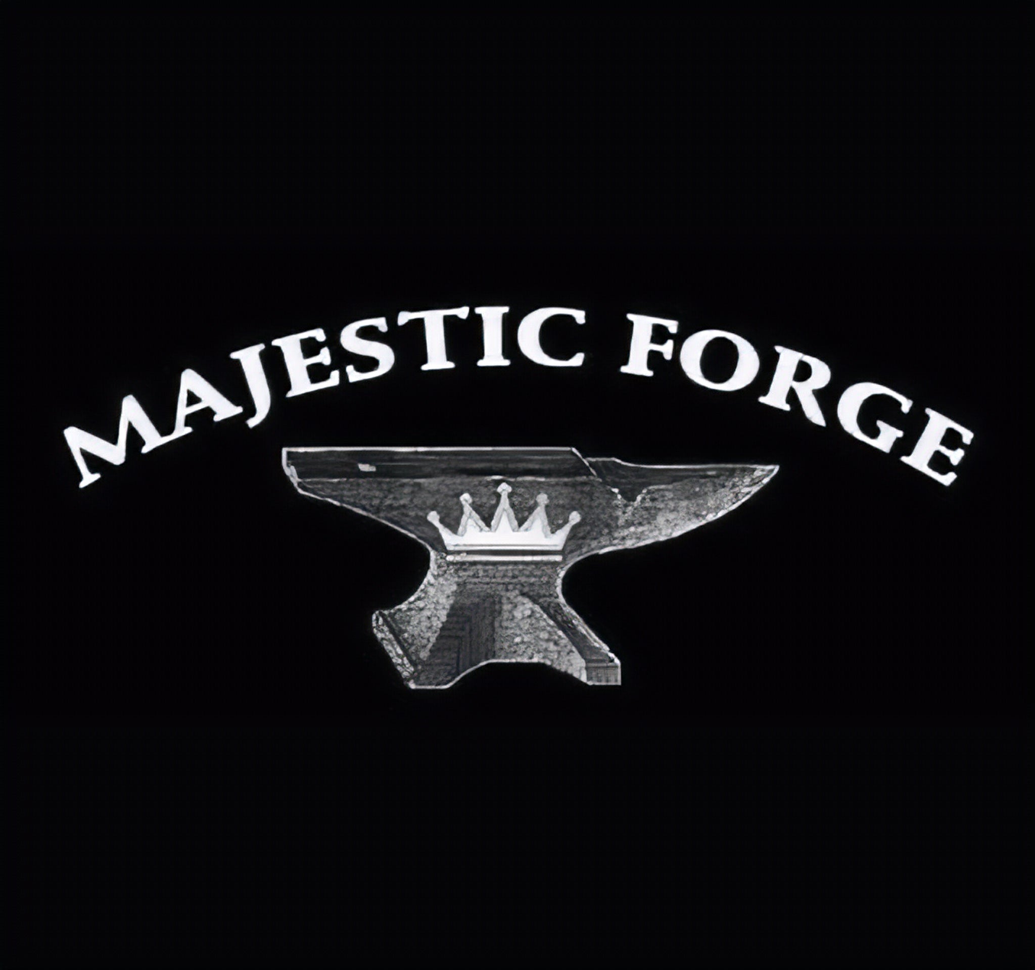 Majestic Forge logo with an anvil and crown on a black background